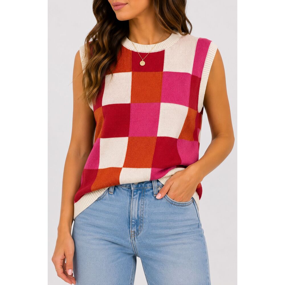 Lillusory Pink Orange Color Block Sweater Vest Women's Large